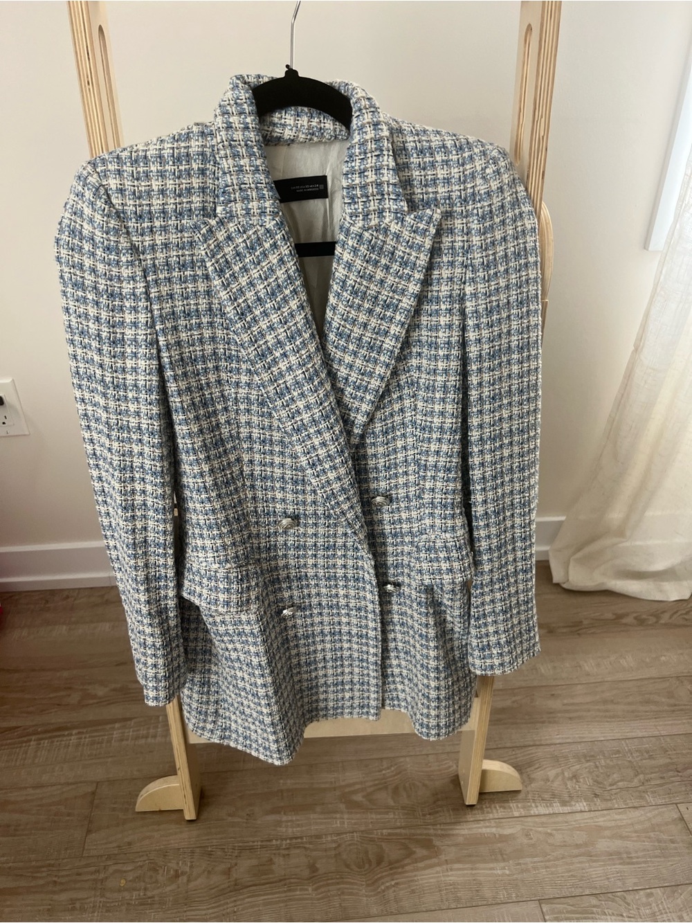 Zara Blue and White Tweed Double-Breasted Blazer
